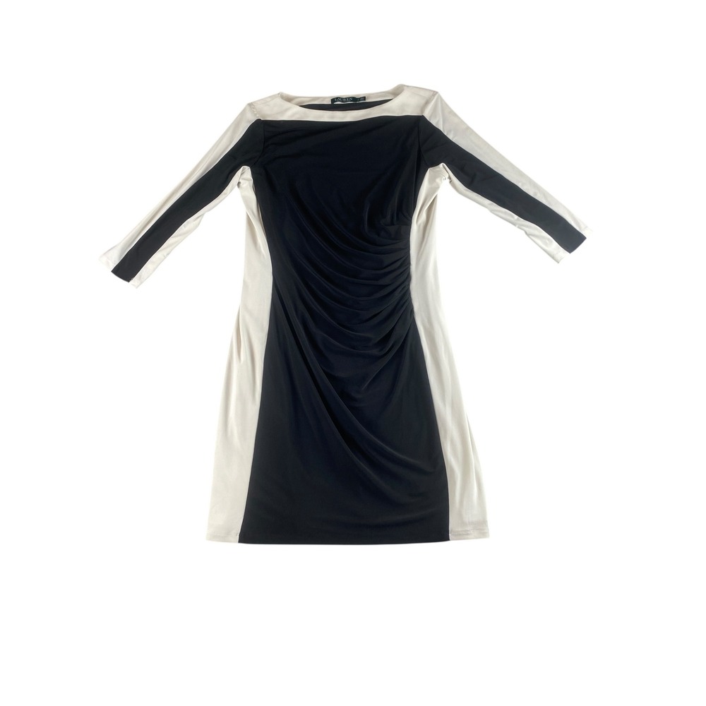 Lauren Ralph Lauren Black Cream Colorblock Sheath Dress Ruched Size 16